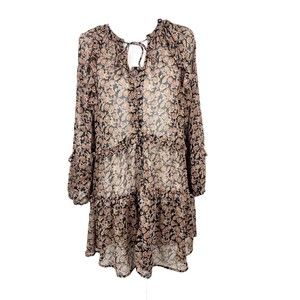 Dress Forum Dress Women Large Black Ruffled Sheer Mini Button Front Long Sleeve